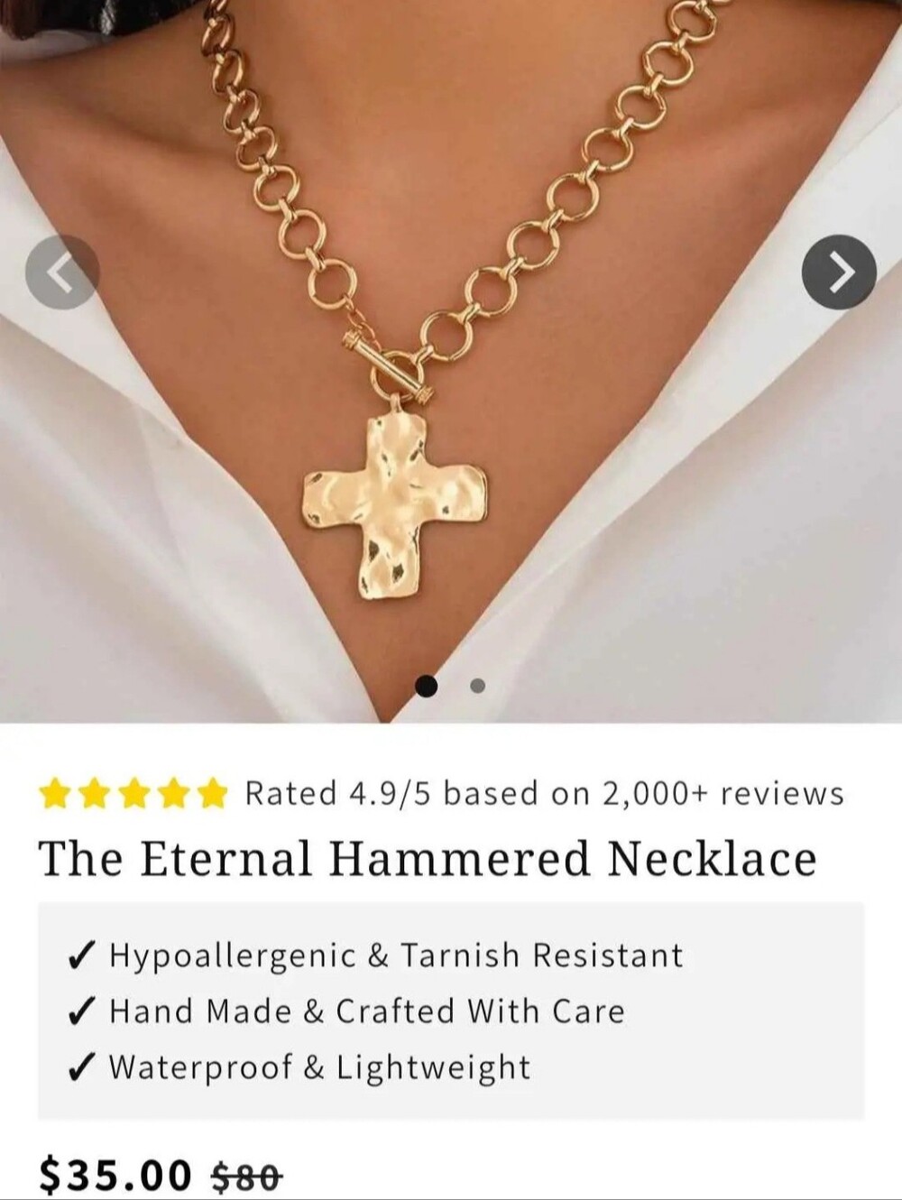 Viral Sterling-Look Hammered Cross Gold Thick Link Toggle Necklace (New)